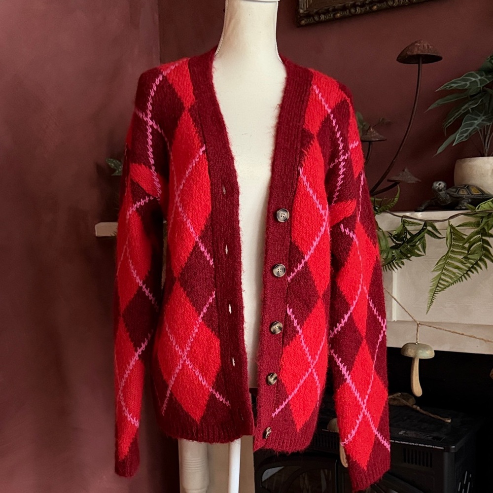 ASOS Red and Pink Argyle Cardigan